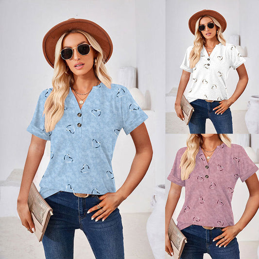 Women's Fashion Casual Printing Button V-neck T-shirt