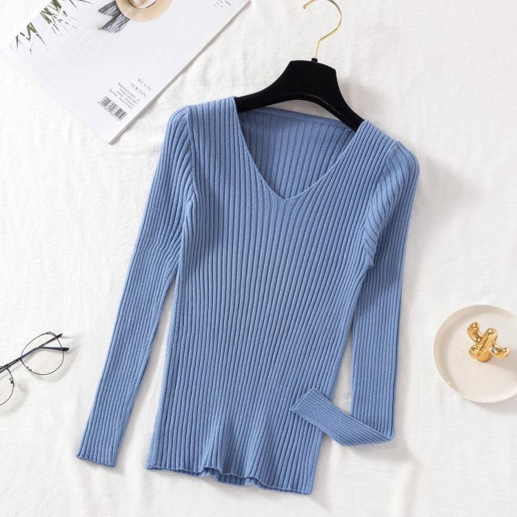 New V-neck Long Sleeve Base Knitting Autumn All-matching Slim Fit Tight Pullover Sweater