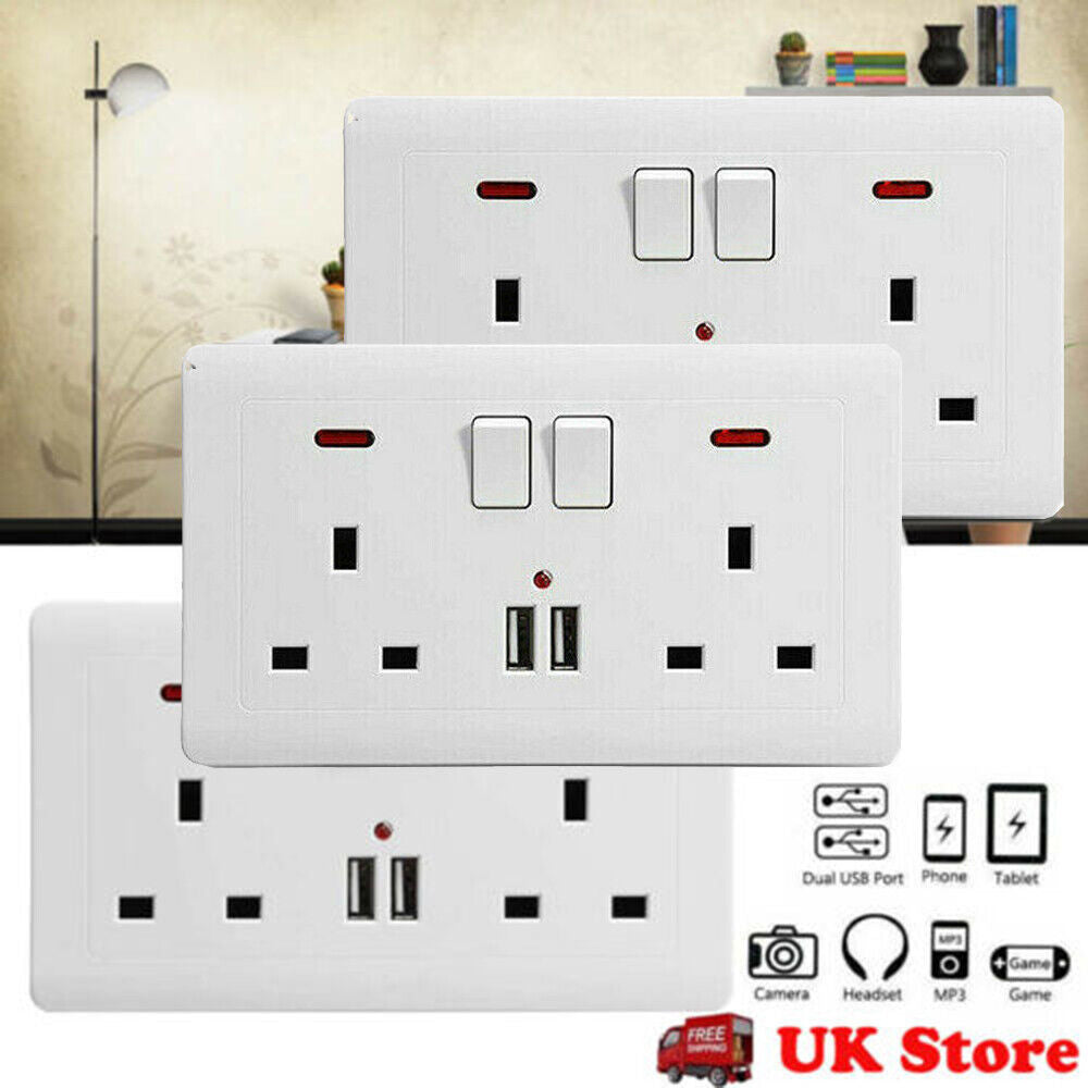 Double Wall Plug Socket 2 Gang 13A W 2 Charger USB Outlets Flat  UK