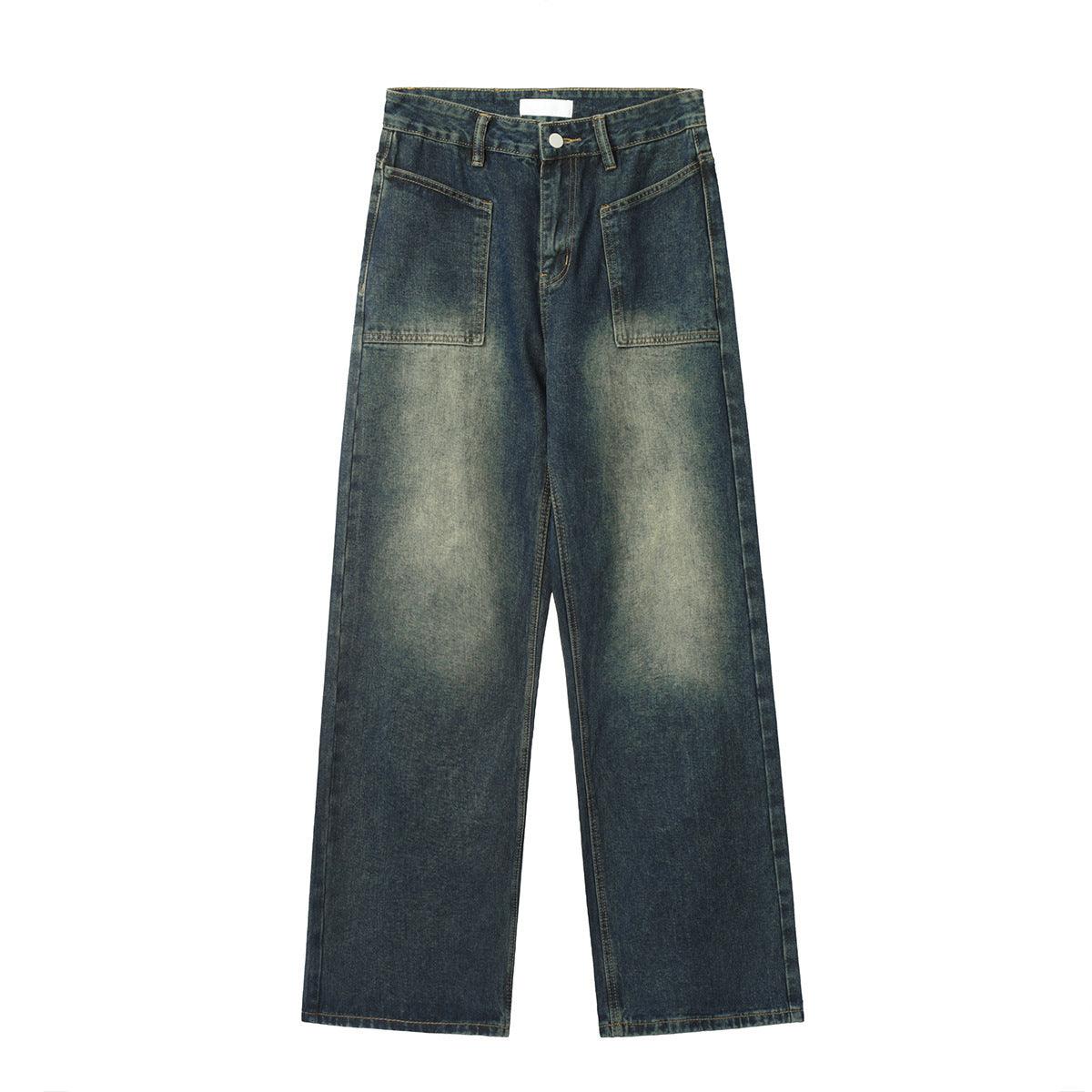 Antique Dark Blue Yellow Mud Color Washed Distressed Straight Jeans