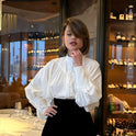 White Casual Small Stand-up Collar Puff Sleeve Pleated Shirt