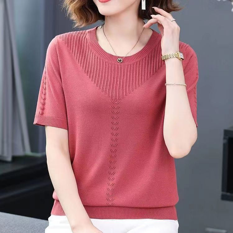 Summer Hollow-out Ice Silk Short Sleeve Middle-aged Round Neck Knitted Shirt Thin