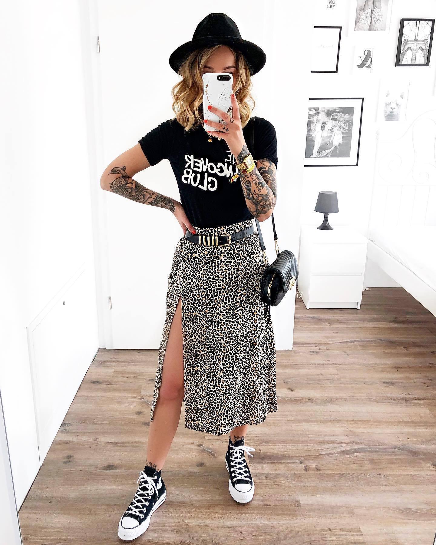 Leopard print floral print high waist stretch slit long A-line skirt