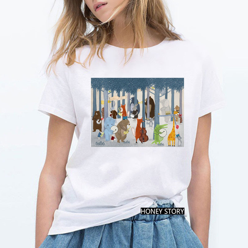 Cute Cartoon Music Zoo Print Lady T-Shirt