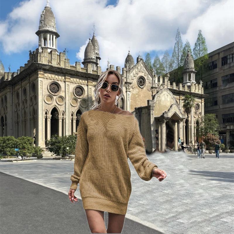 Women's Casual Off-the-shoulder Lantern Sleeve Knitted Sweater Dress