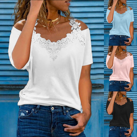 V-neck Stitching Short-sleeved Lace Hollow Casual Loose T-shirt