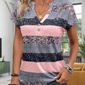 European And American Summer Short Sleeve Striped V-neck 3D Printed Casual T-shirt