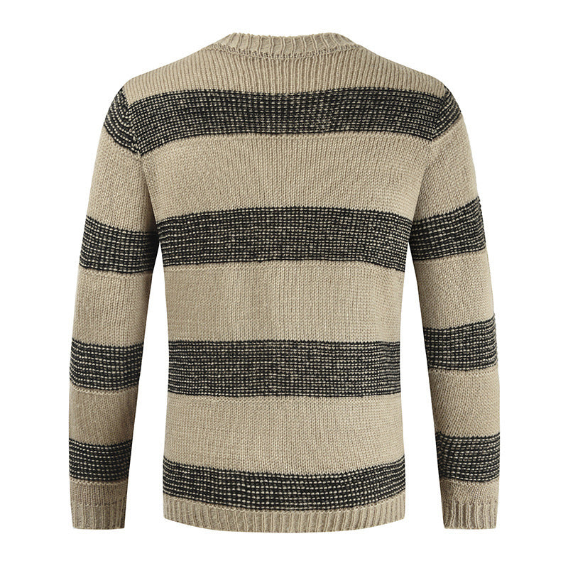 Round Neck Color Block Knitted Striped Sweater