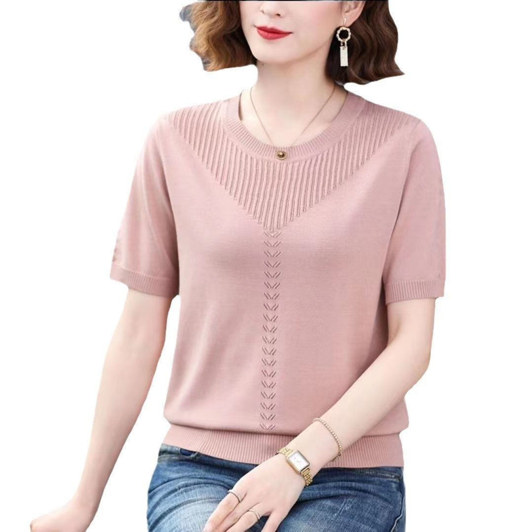 Summer Hollow-out Ice Silk Short Sleeve Middle-aged Round Neck Knitted Shirt Thin