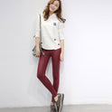Faux leather pants, wearing thin leggings, black feet trousers