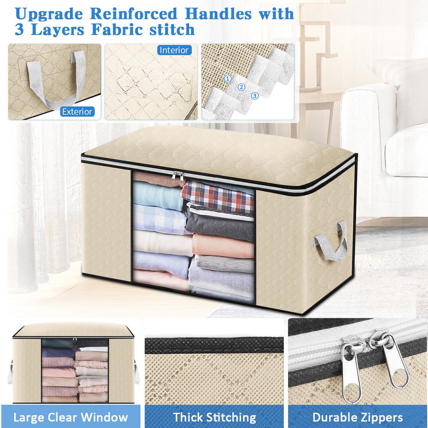 4PCS Clothes Organiser With Zip Underbed Wardrobe Cube Closet Box Organiser