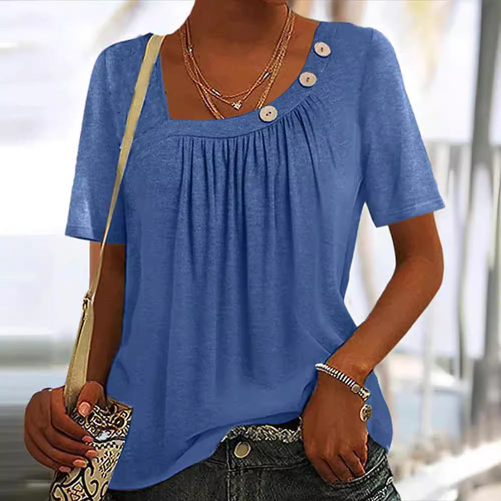 European And American Fashion Solid Color Buttons Round Neck Short Sleeve