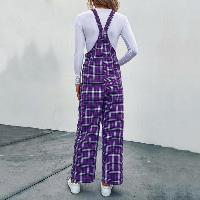 Plaid Spaghetti Straps Casual Jumpsuit Women's Clothing