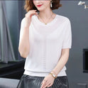 Summer Hollow-out Ice Silk Short Sleeve Middle-aged Round Neck Knitted Shirt Thin