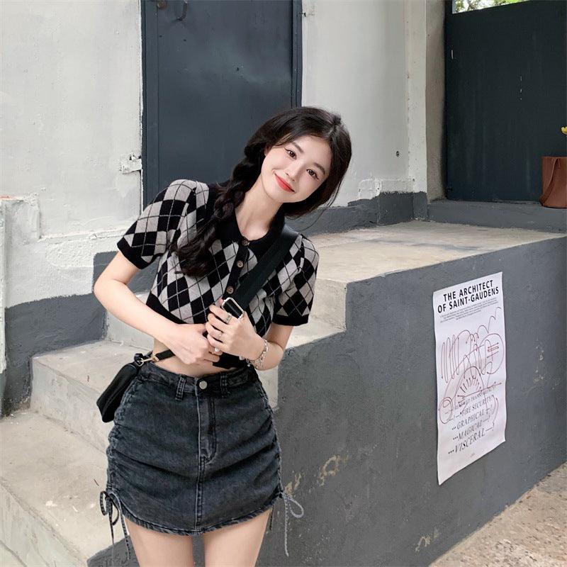 A-line Skirt High Waist Bag Hip Drawstring Denim Skirt