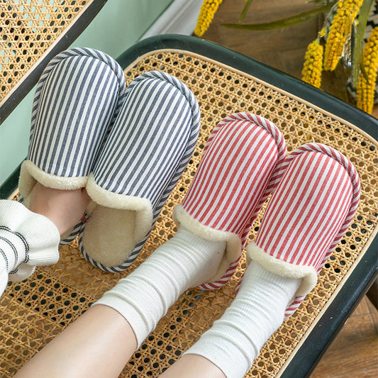 Fashion Striped Printed Slippers For Women Autumn And Winter Warm Non-slip Thick Sole House Shoes Men's Indoor Plush Shoes