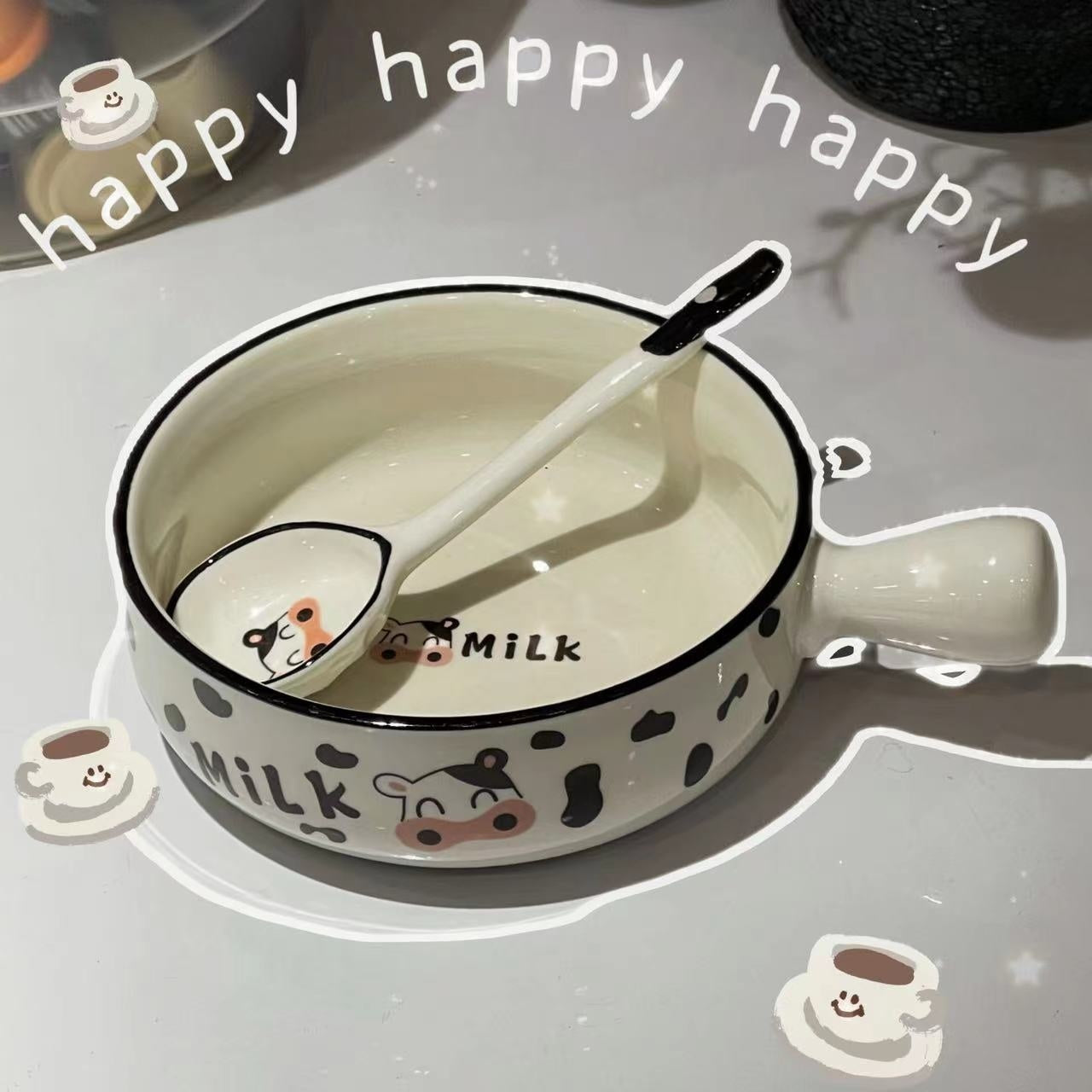 Cute Ceramic Bowl Cow Handle Bowl Long Handle Spoon