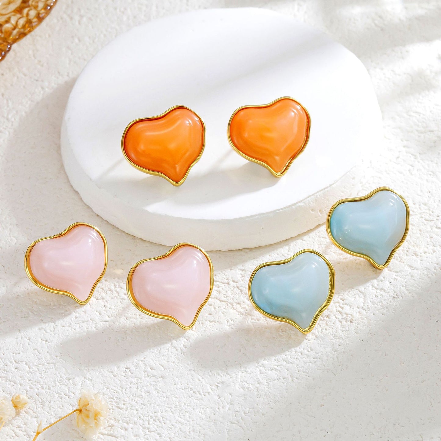 Orange Blue Jelly Color Matching Colored Gems Peach Heart Titanium Steel Earrings