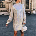 Gold Slim Fit Tied Waist-controlled Long Sleeves Dress