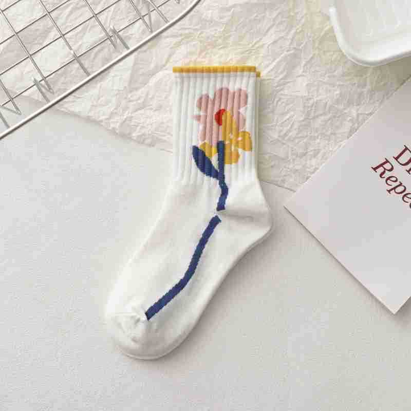 Socks Female Gray Cartoon Pattern Tube Socks