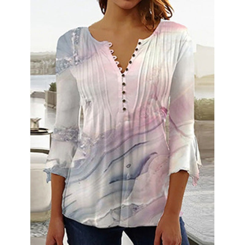 Women's Digital Printing V-neck Long-t-shirt