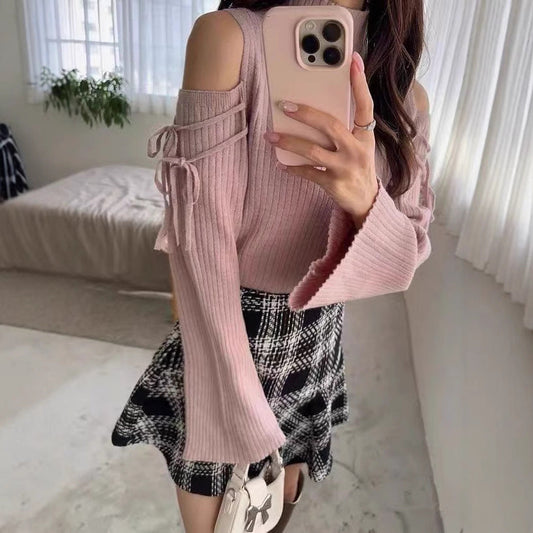 Lace-up Turtleneck Off-the-shoulder Tie-neck Flared Sleeves Sweater