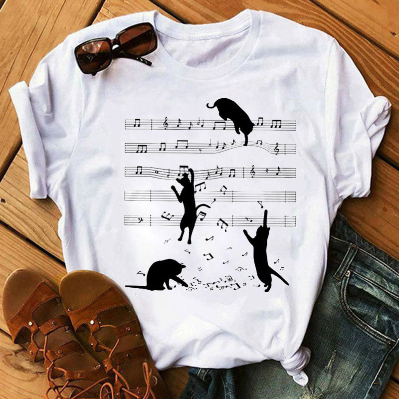 Large Size Women's Music Note Printing Kawaii Top Female Wholesale Supply Round Neck Short Sleeve T-shirt Female