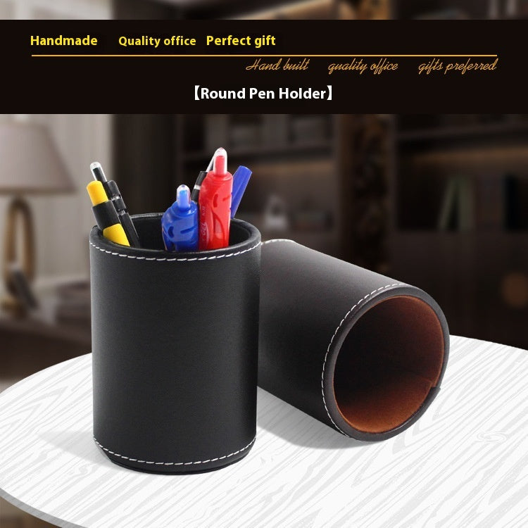 Round Small Size Black Leather Pen Container Student Office Unisex