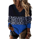 V-neck Leopard Print Splicing Long Sleeve Sweatshirt Tops