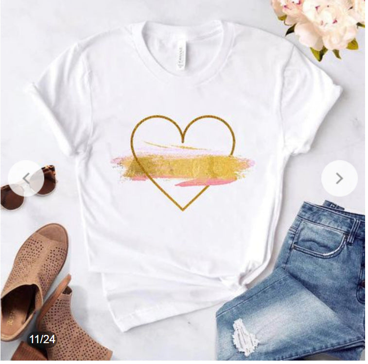 One Arrow Through The Heart Rose Heart Printing Round Neck White T-shirt Short Sleeve Foreign Trade Men And Women Couple's Tops