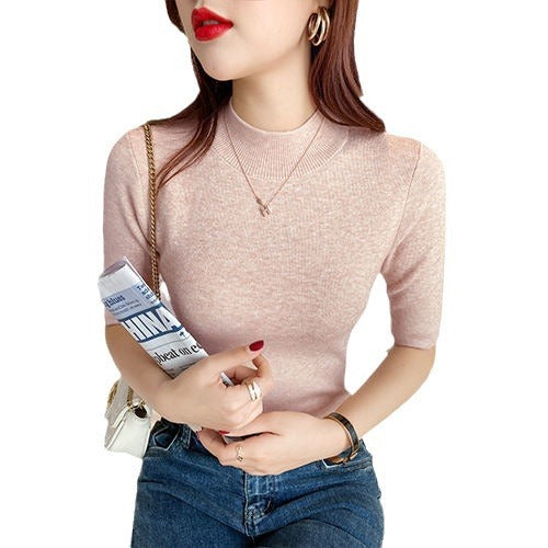 Solid Color Early Autumn Mock-neck Mid-length Sleeve Tight Bottoming Shirt For Women