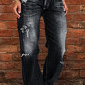 Women's Denim Trend Mid Waist Ripped Leisure Straight-leg Pants