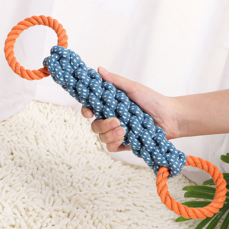 Pet Dog Toy Double-ring Chewable Cotton Knot Toy Tooth Cleaning Durable Braided Bone Rope Pet Teething Toy Pet Supplies