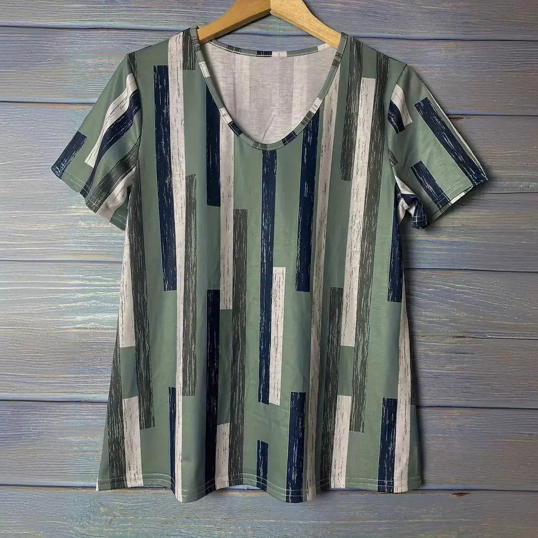 Women's Striped 3D Printed V-neck Casual And Comfortable Short Sleeve