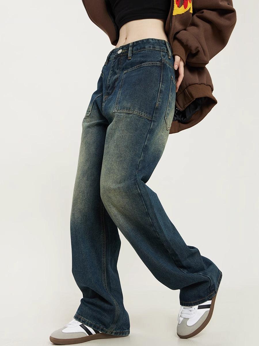 Antique Dark Blue Yellow Mud Color Washed Distressed Straight Jeans