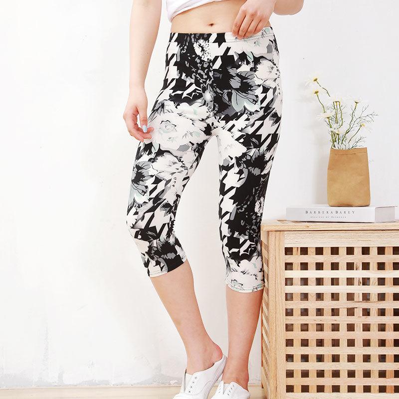 Flower Cropped Pants Women's Stretch Milk Silk Printed Leggings