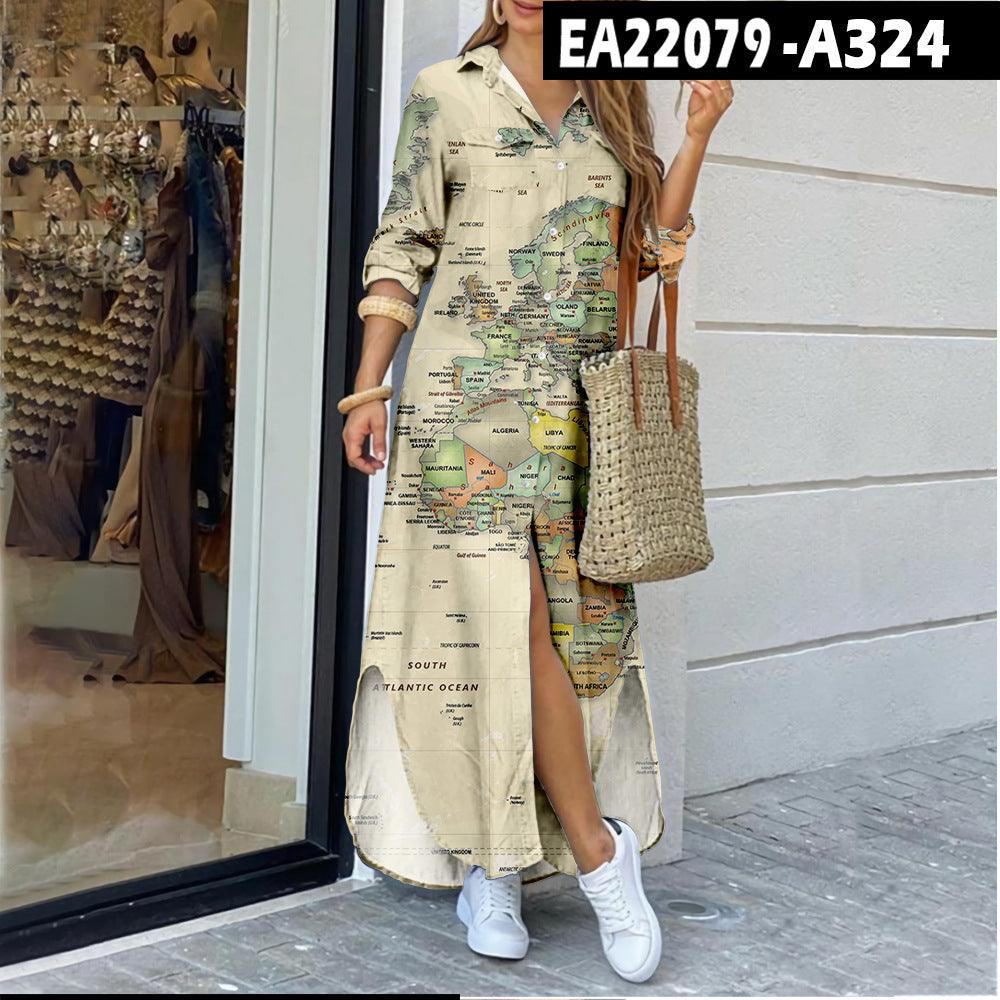 Women's Map Digital Printing Fashion Shirtdress