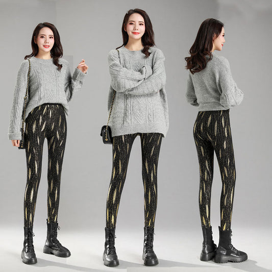 High Waist Large Print Plus Fleece Thickened Elastic Tights