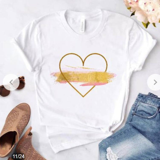 One Arrow Through The Heart Rose Heart Printing Round Neck White T-shirt Short Sleeve Foreign Trade Men And Women Couple's Tops