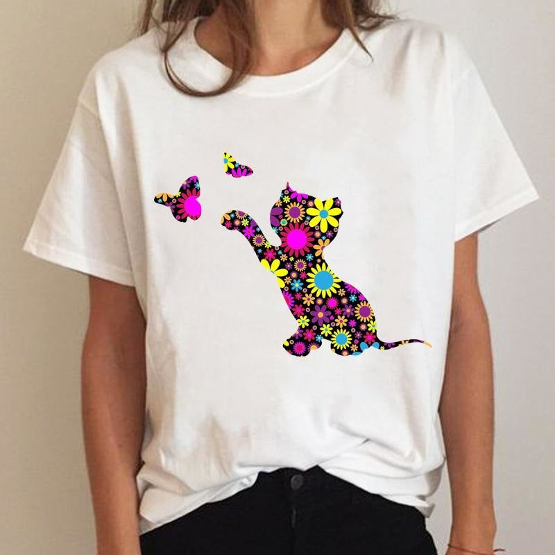 Women's Short Sleeve Cat Print