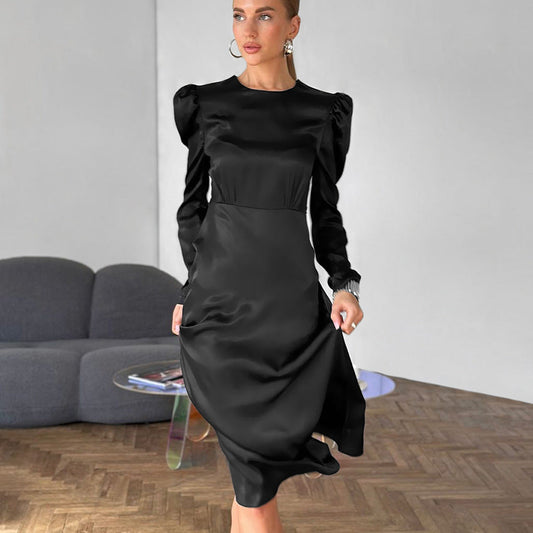 Satin Round Neck Puff Sleeve Dress