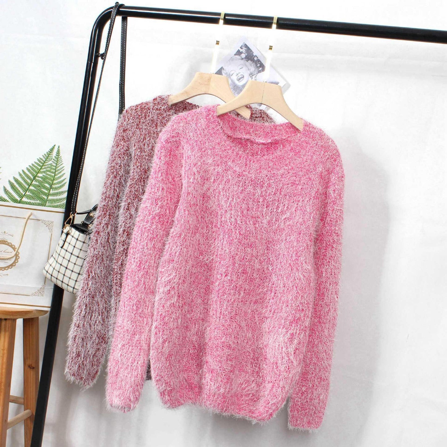 Women's Loose Candy Colored Mohair Pullover Sweater