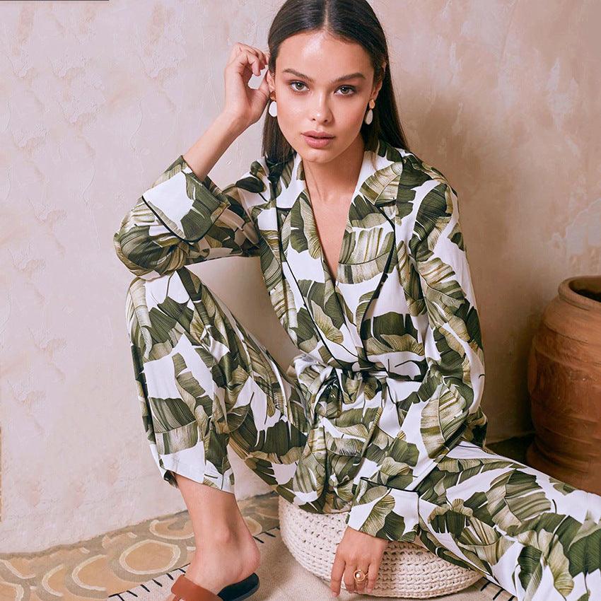 Banana Leaf Print Women's Pajama Set Long Sleeve Simple Homewear