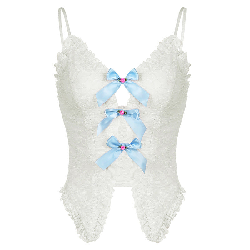 Sweet And Spicy Pure Suspenders Lace Ruffled V-neck