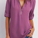 Ruched Half Zip Solid V Neck Casual Blouse, Rollable Sleeve Women's Clothing