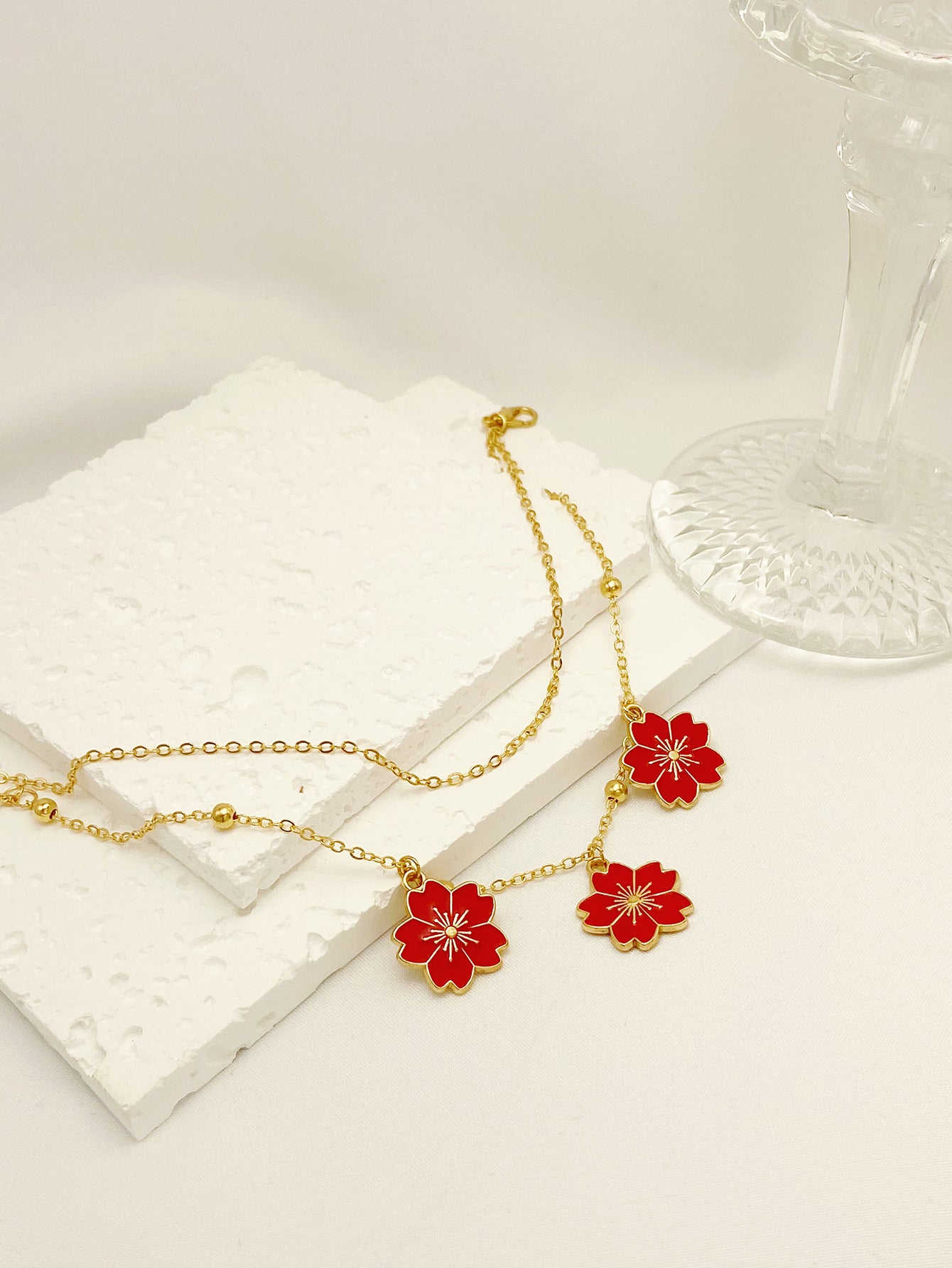 Simple Double-layer Oil-spot Glaze Flowers Pendant Anklet