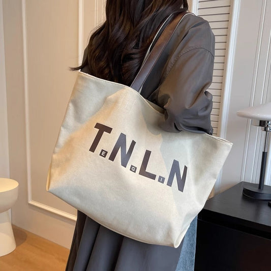 Letter Printed Totes Fashion Large Capacity Canvas Bags For Women All-match Handbag Commuting Shoulder Bag For College Students