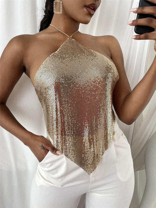 New Solid Color Metal Sexy Hot Girl Halter Sequin Sling Top For Women