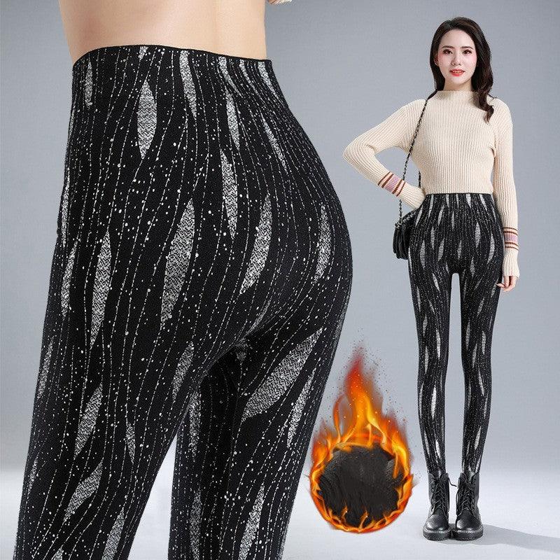 High Waist Large Print Plus Fleece Thickened Elastic Tights