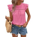 Round Neck Lace Solid Color Ruffled Short Sleeve